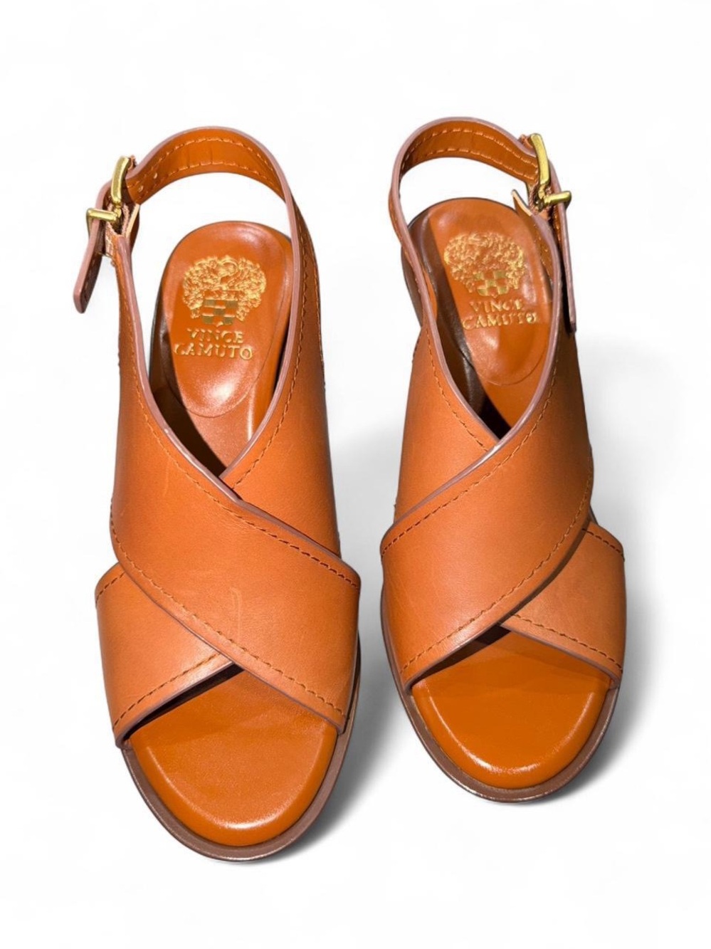 NWOT Vince Camuto Tan Leather Crisscross Slingback Sandals with Gold Buckle